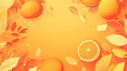 Vibrant illustration featuring oranges and autumn leaves on a warm orange gradient background, perfect for fresh and organic themes.