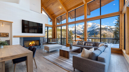 Modern living room with panoramic mountain views and large windows, featuring cozy fireplace and stylish furnishings