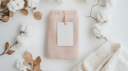 Fototapeta premium A white sweater with a tag on it sits on a table next to a bunch of cotton flowers
