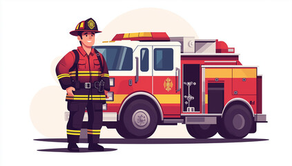 Firefighter in Protective Gear with Fire Truck
