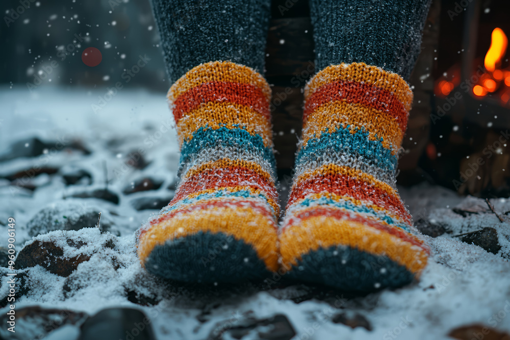 Sticker a pair of woolen socks warming a person's feet as they fight off a cold. concept of staying warm to 