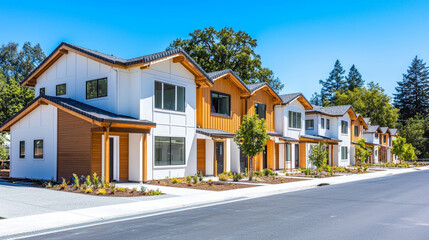 Modern residential houses on a sunny day with blue sky and greenery, showcasing contemporary architecture and urban living