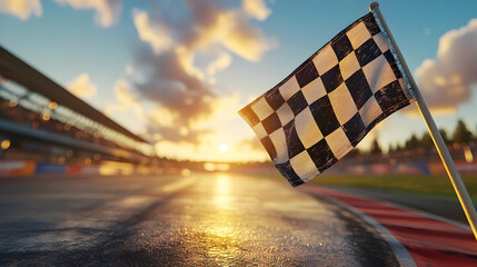 Checkered Flag Finish Line at Sunset