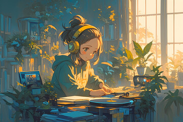 Music-loving girl listening to music on a vintage record player in her plant-filled room with a sunset glowing through the window. Anime style, Cozy vibes