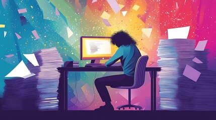 Overwhelmed with Work  Busy Office Worker  Desk  Computer  Paperwork  Stress  Deadline