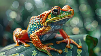 A Vibrant Green and Orange Frog on a Green Leaf