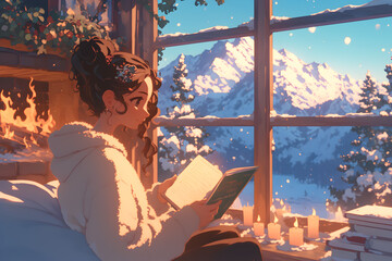 Cozy Girl reading a book by the fireplace with a snowy mountain view through the window. Anime style, Cozy vibes