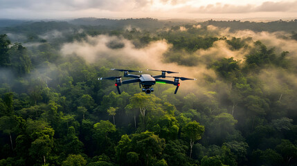 Fototapeta premium Drone Flying Over Rainforest Canopy With Fog