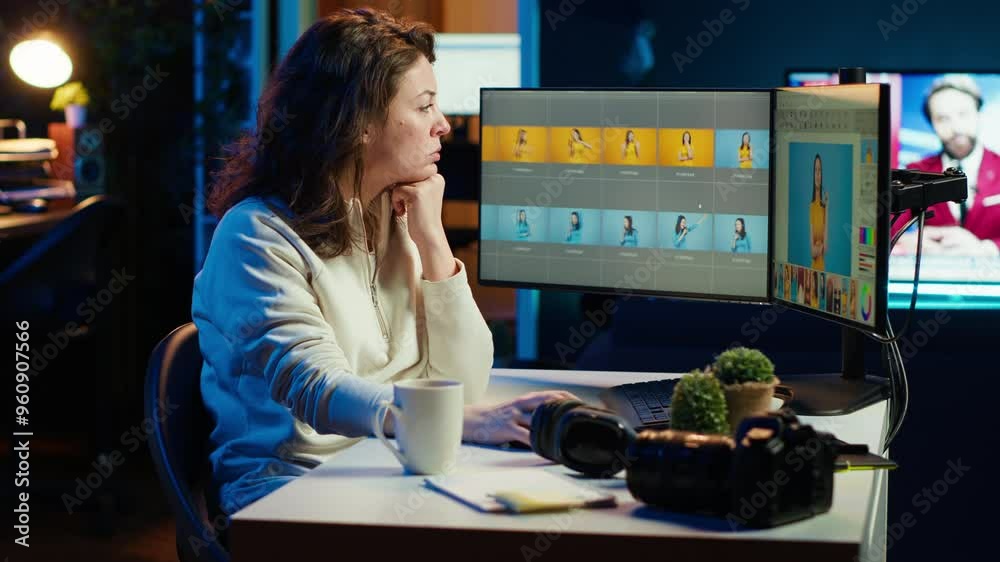 Poster photographer using advanced photo editing software on monitor. photo editor utilizing specialized ph