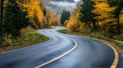 Fototapeta premium Winding Road Through Autumn Forest with Fog and Yellow Leaves