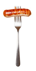 A perfectly grilled german sausage resting on a fork, isolated on a transparent background.