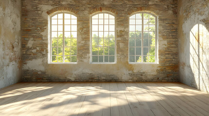 Rustic Brick Wall Room with Three Windows and Sunlight