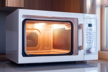 Fototapeta premium Microwave oven with light turned on in kitchen