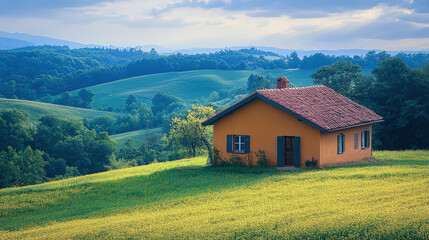 Fototapeta premium Small Yellow House on Hilltop with Rolling Green Hills