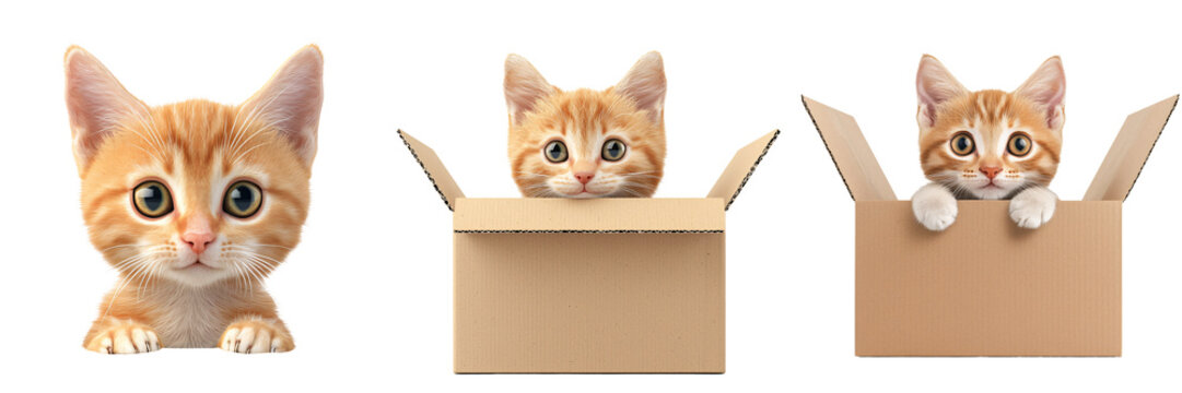 A playful kitten peeking out from a cardboard box 3D art cartoonish style isolated on white and transparent background