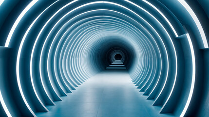 The image shows a symmetrical, illuminated tunnel with concentric circular patterns leading to a central vanishing point, creating a futuristic and mesmerizing effect.