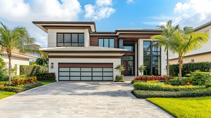 Fototapeta premium Modern Luxury Home Exterior with Palm Trees and Landscaped Garden