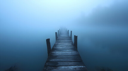 Fototapeta premium Misty Wooden Pier Extending into Foggy Lake