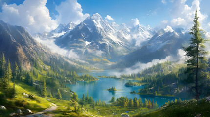 Fototapeta premium Majestic Mountain Lake with Snow Capped Peaks and Lush Forest