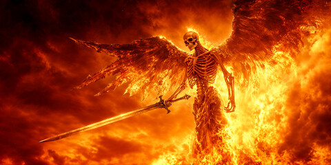Fallen angel or angel of death with sword, hell, winged demonic skeleton