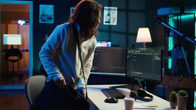 Computer scientist arriving in home office, ready to design and develop software applications. IT expert starting job shift, implementing and maintaining company systems, camera B