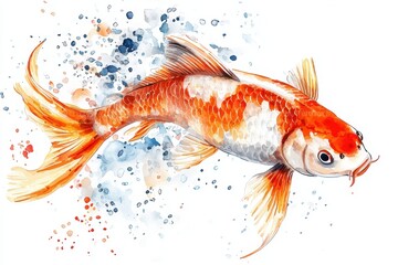 A vibrant watercolor illustration of a koi fish swimming gracefully, showcasing vivid orange and white colors against a splashy background.
