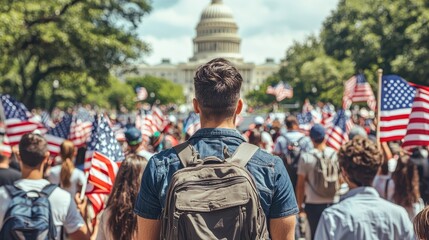Man with Backpack Standing in Front of US Capitol Building with American Flags