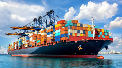 Fototapeta premium Cargo Ship Container Dock Shipping Harbor Crane Blue Sky