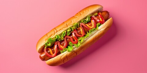 Bird's-eye view of a tasty sausage hot dog against a pink backdrop.