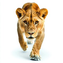 Obraz premium A majestic lioness strides confidently, showcasing her strength and grace against a neutral background.