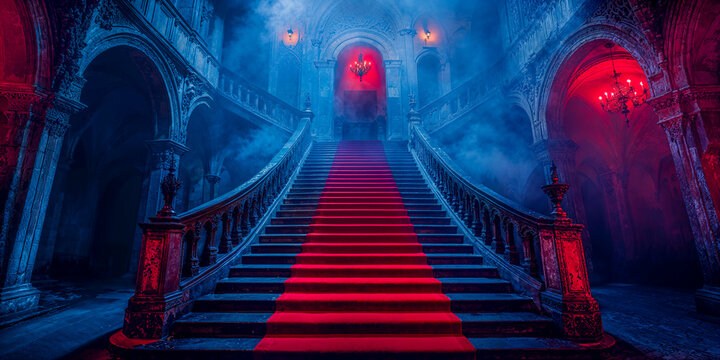 Gothic castle staircase interior, red and blue, spooky horror, vampire, Halloween, empty background, wide banner