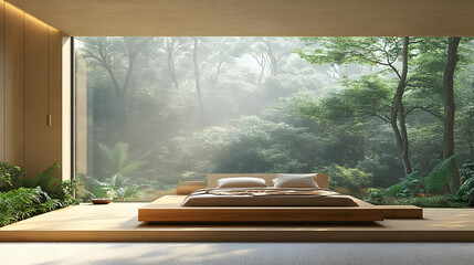 Modern Minimalist Bedroom with Forest View and Wooden Platform Bed