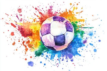 Fototapeta premium Colorful watercolor soccer ball design with vibrant splashes, perfect for sports and fun themes in various creative projects.