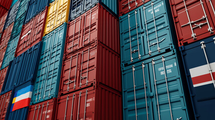 Fototapeta premium Stacked shipping containers in various colors and sizes at a freight terminal. Concept of trade, transportation, and logistics