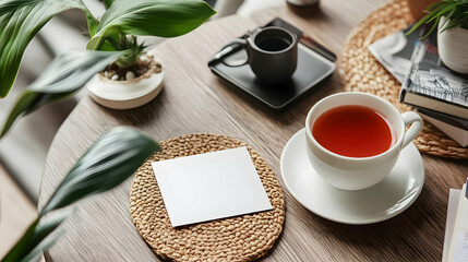 Blank Card Mockup on Wooden Table with Tea and Plants