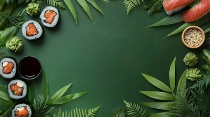 Green Leaves Frame with Sushi and Wasabi