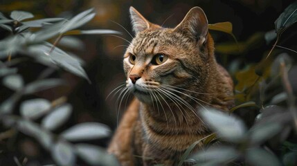 A wild cat, possibly a tabby or tiger, with a gaze directed towards the camera.