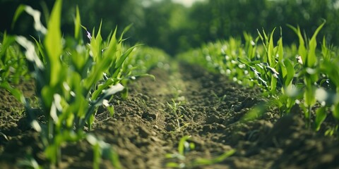 Rows of young corn sprouts in a field Scenic panorama of a vibrant corn landscape