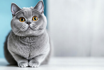 Adorable gray cat with round features and bright yellow eyes, relaxing comfortably against a soft background.