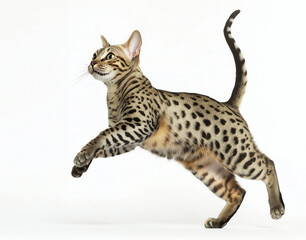 Naklejka premium A beautiful spotted cat leaps gracefully, showcasing its agility and unique fur pattern against a clean white background.