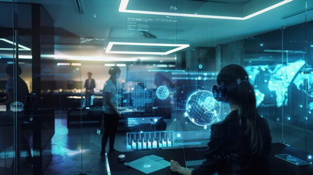 Virtual Reality Businesswoman Working in Modern Office