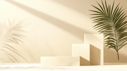 Minimalist Beige Podium with Palm Leaf Shadow and Sunlight