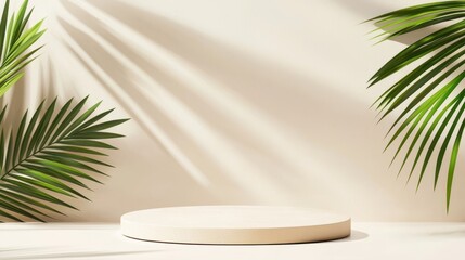 Obraz premium Minimalist Product Display with Palm Leaves and Sunlight