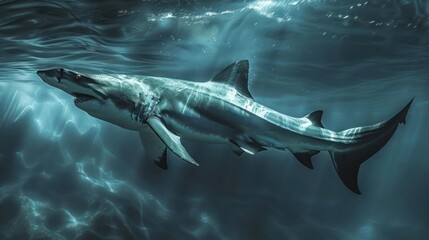 Naklejka premium White shark gliding through the ocean depths.