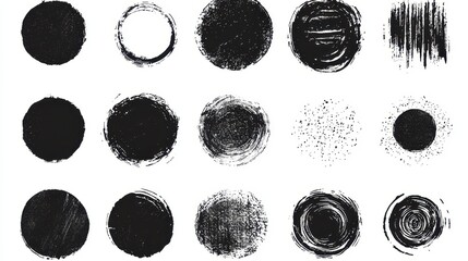 Black Ink Circles and Abstract Shapes on White Background