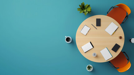 Top view of a modern workspace with a round table, stationery, smartphone, coffee cup, and plant. Concept of productivity and creativity