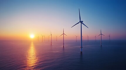 Spinning Wind Turbines at Serene Sunset Over Vast Ocean Horizon