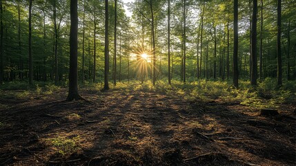 Obraz premium Sunbeams Shining Through Lush Forest Conservation Efforts