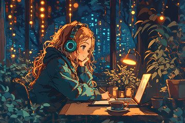 Artist Girl painting at a wooden desk with a cup of tea, surrounded by plants and fairy lights. Anime style, Cozy vibes