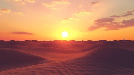 Fototapeta premium Visualize the desert sun setting in the distance, with its last rays casting a warm glow over the textured sand dunes and creating a tranquil, picturesque scene